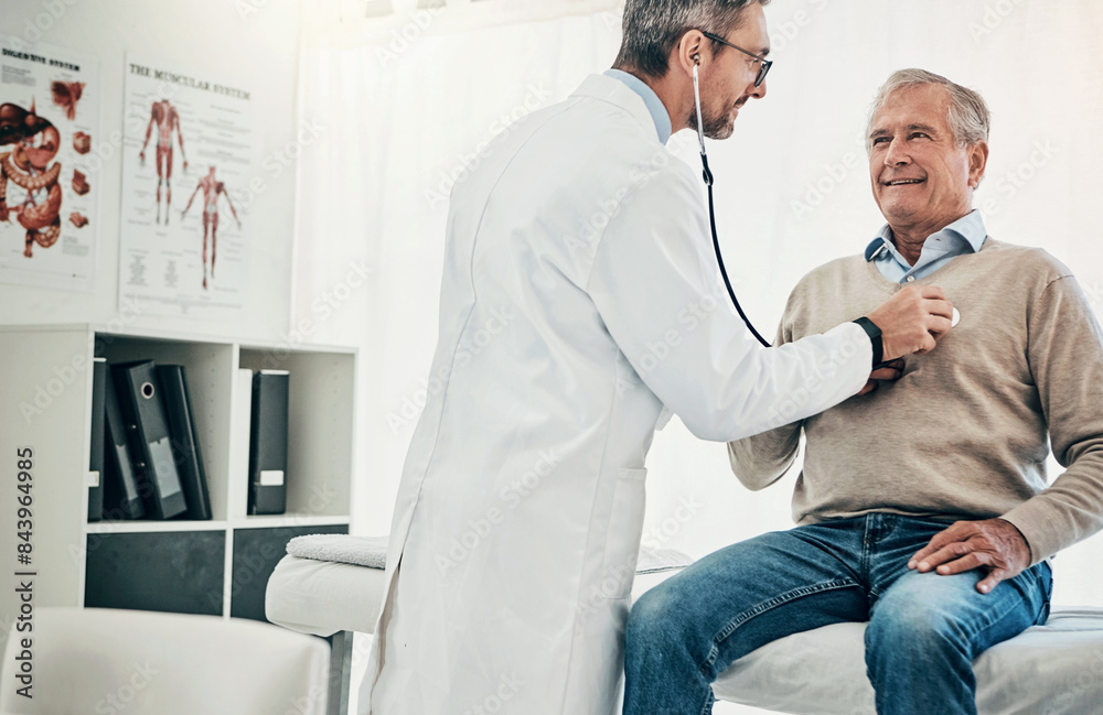 Obraz premium Checkup, man and doctor in office with stethoscope, help or advice in health insurance. Clinic, senior patient and medical professional on bed with support, heart rate and healthcare for hypertension