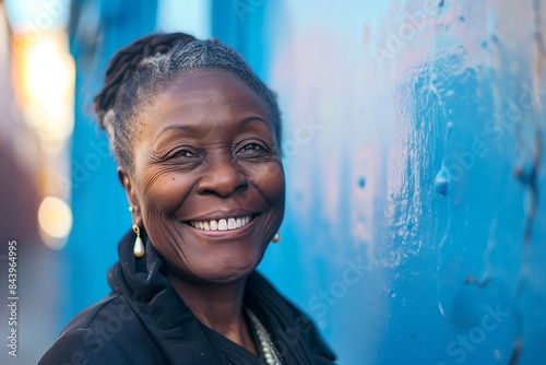 A woman with a big smile on her face. She is wearing a black jacket and a necklace