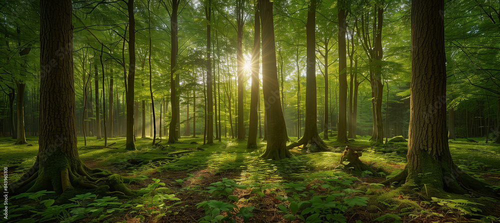 Sunlight streaming through trees, Panoramic Sunny Forest Sunlight streaming through trees, Panoramic Sunny Forest