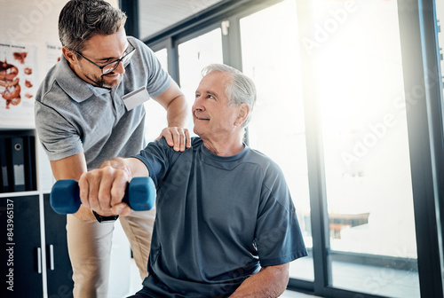 Obraz na plátne Weight, senior man and physiotherapy with helping, wellness and client assessment at doctor