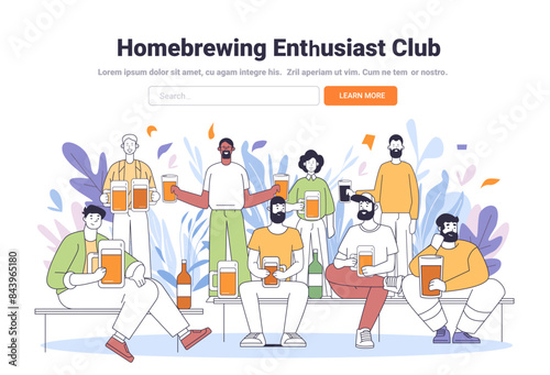 Homebrewing club members holding beer glasses diverse group casual attire outdoor setting with abstract foliage background community gathering