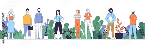 Diverse group of people standing with plants in background casual clothing flat design colorful modern style nature teamwork community