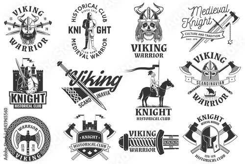 Set of viking warrior and knight historical club logos, badges, stickers. Vector. Patch design heraldic shield with a knight, viking in helmet with crossed battle axe, sword and nordic ship