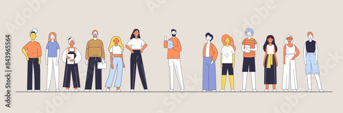 Diverse group of people standing in a row various outfits and poses minimalistic flat design style