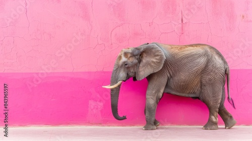 An adult elephant stands in profile against a striking pink background, providing a bold color contrast