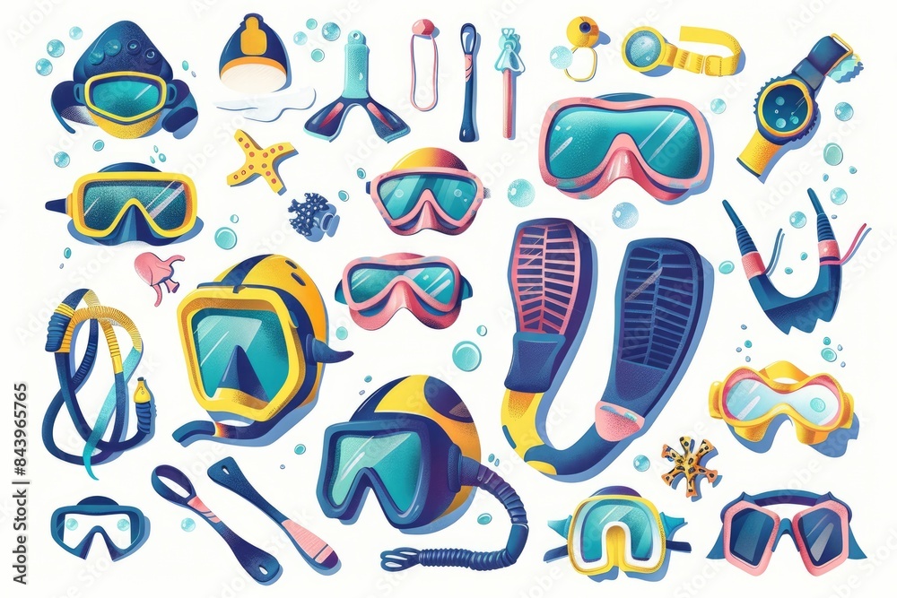 Scuba diving equipment. Set of diving masks, snorkels, fins and other gear for underwater swimming. Vector illustration isolated on white background. Scuba diving equipment. Set of diving masks, snorkels, fins and other gear for underwater swimming. Vector illustration isolated on white background.