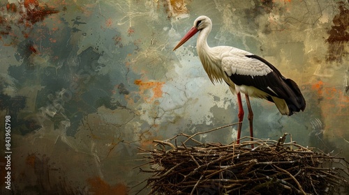 A white stork perched in its nest photo