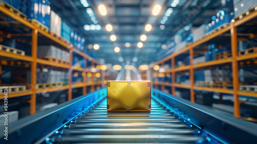 Golden, illuminated box on a conveyor belt stands out in a modern warehouse setting