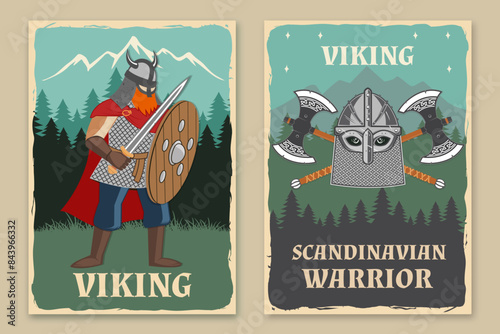 Set of viking warrior retro posters. Vector illustration. Flyer, brochure, banner template design with a viking in helmet with crossed battle axe and round shield