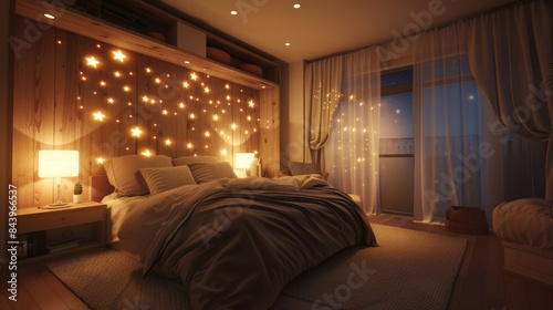 Warm bedroom ambiance with lit star-shaped fairy lights, offering a tranquil and romantic setting © familymedia