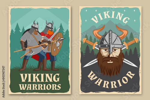 Set of viking warrior retro posters. Vector illustration. Flyer, brochure, banner template design with a viking in helmet with crossed battle sword, spear and round shield