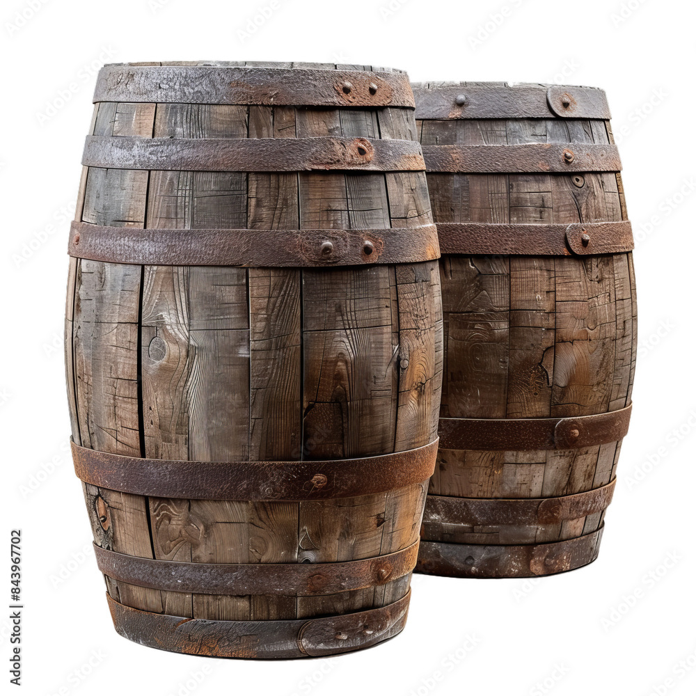 Fototapeta premium Two rustic wooden barrels with metal bands stand isolated on a transparent checkered pattern