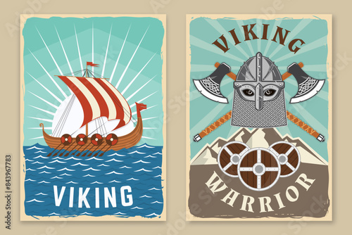 Set of viking warrior retro posters. Vector illustration. Flyer, brochure, banner template design with a viking in helmet with crossed battle axe and viking ship