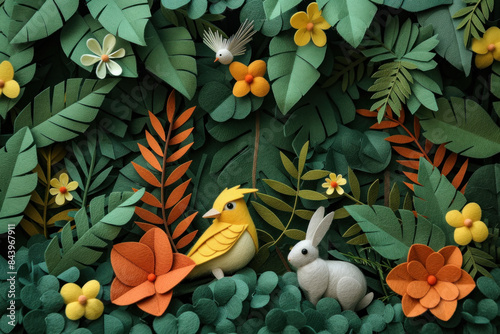 Charming paper craft depiction of a vibrant forest scene with birds and a rabbit among lush foliage photo