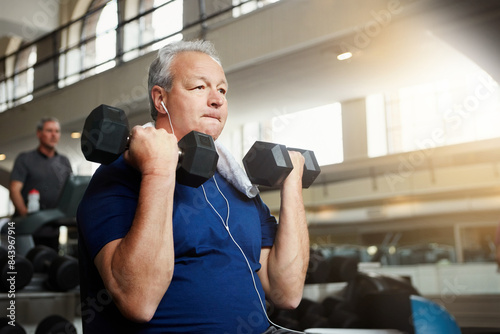 Принти на полотні Mature man, fitness and weightlifting with dumbbells for workout, training or indoor exercise at gym