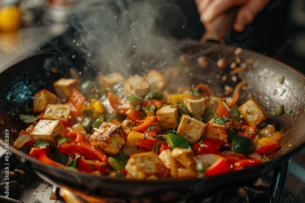 Chef Sautéing Tofu, Peppers, and Onions in a Wok Chef Sautéing Tofu, Peppers, and Onions in a Wok