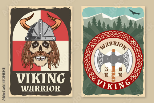 Set of viking warrior retro posters. Vector illustration. Flyer, brochure, banner template with a viking in helmet with and double axe medieval weapon