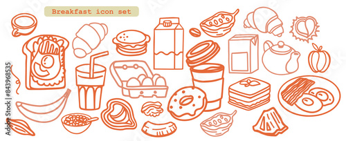 Breakfast hand drawn ingredients vector set. Crunches. Morning meal menu design. Collection of dishes for breakfast and brunch. Sketch. Fresh vegetables, cheese, scrambled eggs, bacon, coffee.