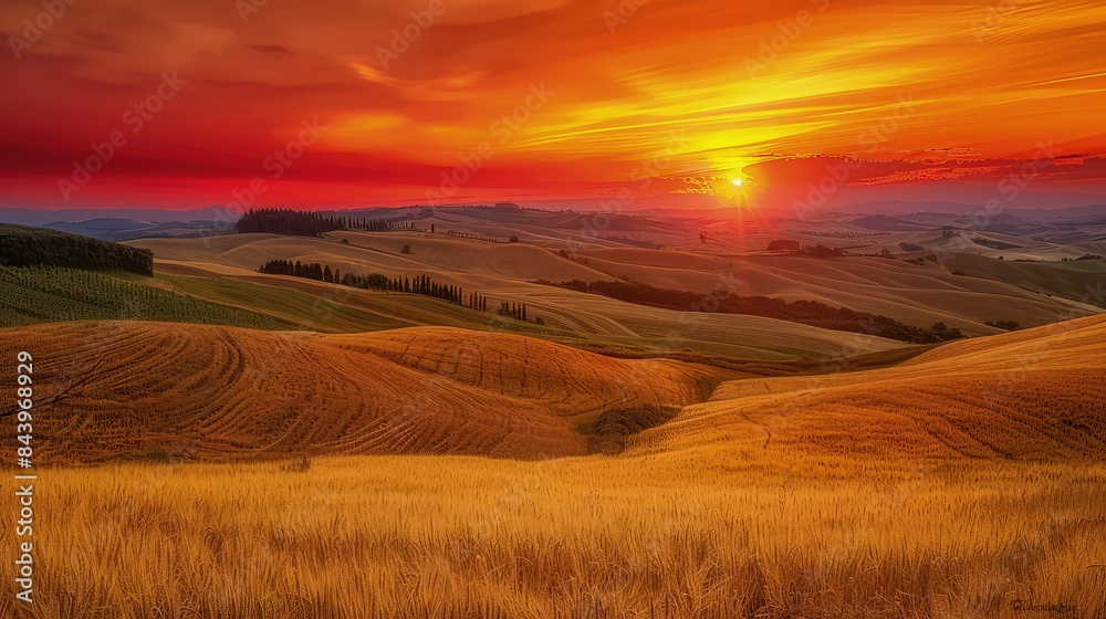 Fototapeta premium : A serene sunset over a peaceful river. The sun's reflection shimmers on the water's surface, creating a path of light that leads to the horizon. 