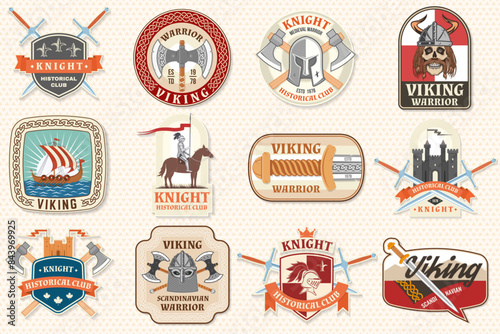 Set of viking warrior and knight historical club logos, badges, stickers. Vector. Patch design heraldic shield with a knight, viking in helmet with crossed battle axe, sword and nordic ship
