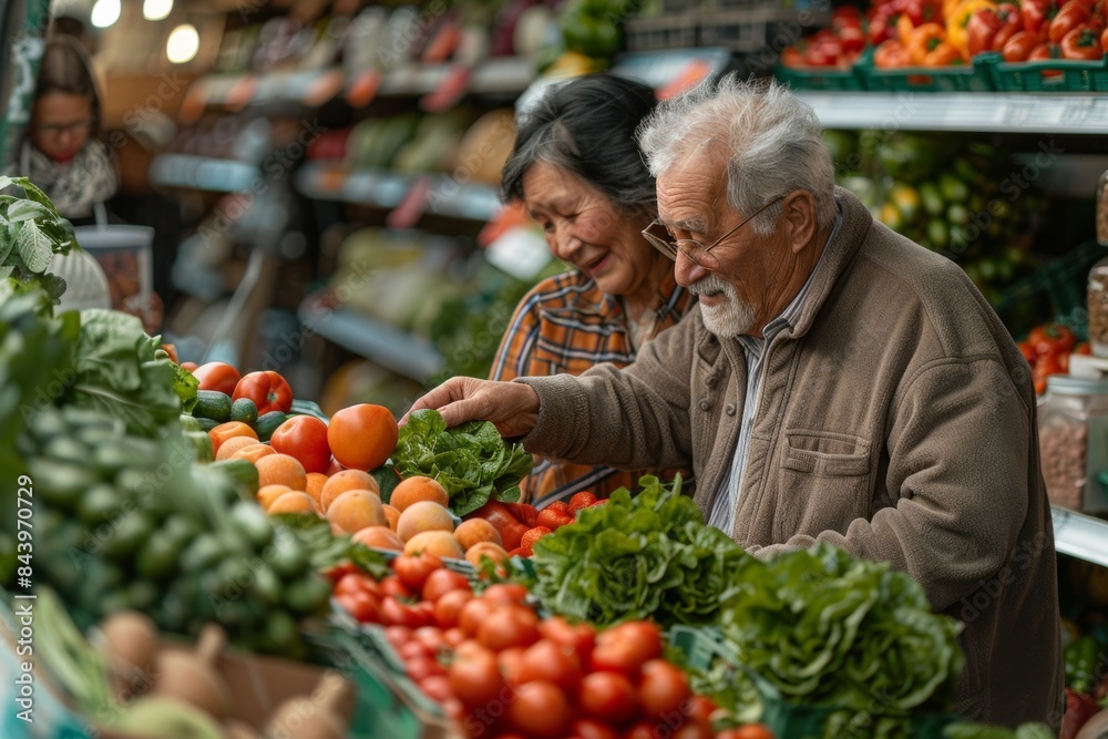 Senior Couple Shopping for Produce at a Farmers Market Senior Couple Shopping for Produce at a Farmers Market