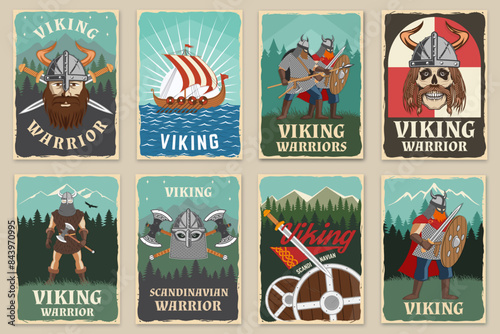 Set of viking warrior retro posters. Vector illustration. Flyer, brochure, banner template design with a viking in helmet with crossed battle axe, sword and nordic ship