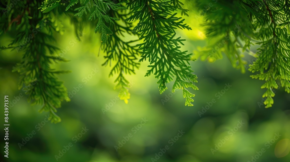 Natural decoration Branches and leaves of Thuja and cedar on a backdrop of nature Natural decoration Branches and leaves of Thuja and cedar on a backdrop of nature