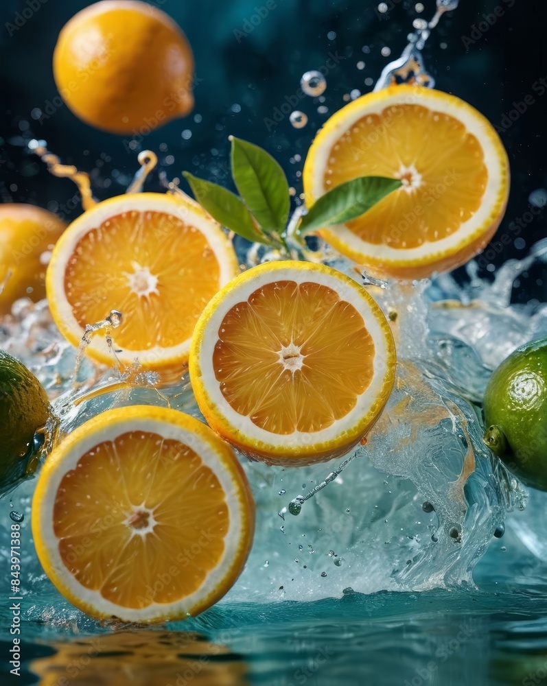 Dynamic Splash of Citrus Fruits Including Oranges, Lemons, and Limes in Vibrant Water Dynamic Splash of Citrus Fruits Including Oranges, Lemons, and Limes in Vibrant Water