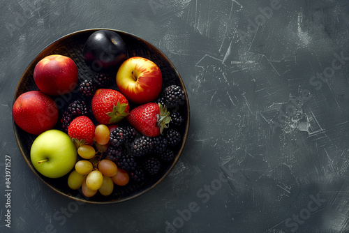 A top-down view of a bowl of apples grapes strawberries and blackberries on dark background