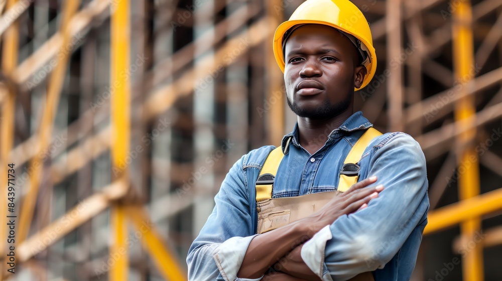 A construction worker in a helmet stands confidently at a work site. A construction worker in a helmet stands confidently at a work site.