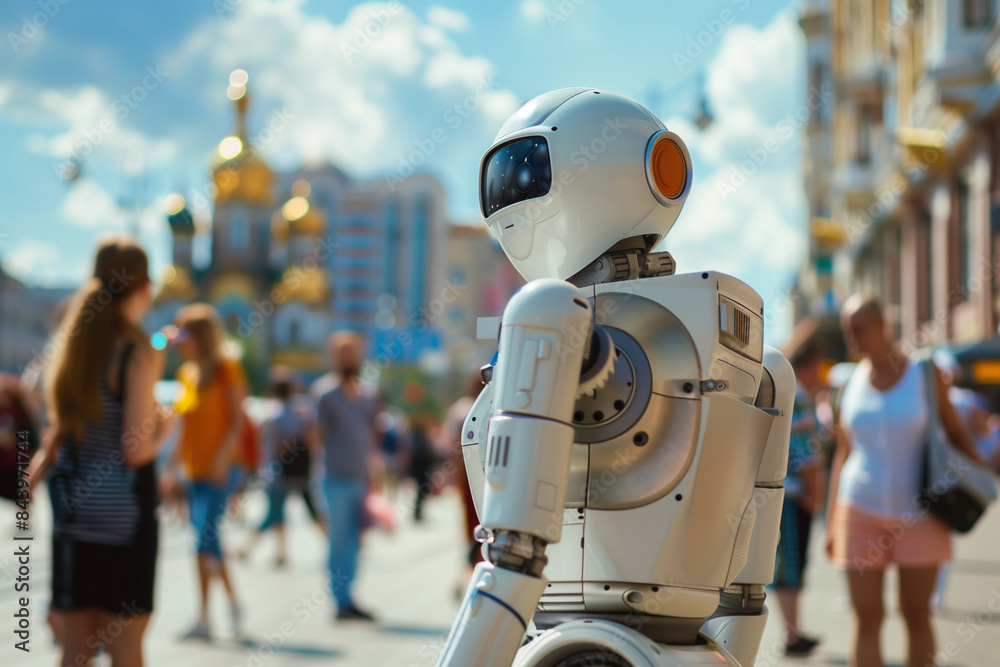 Fototapeta premium Cityscape Tourist Guide: Robot-led Urban Exploration