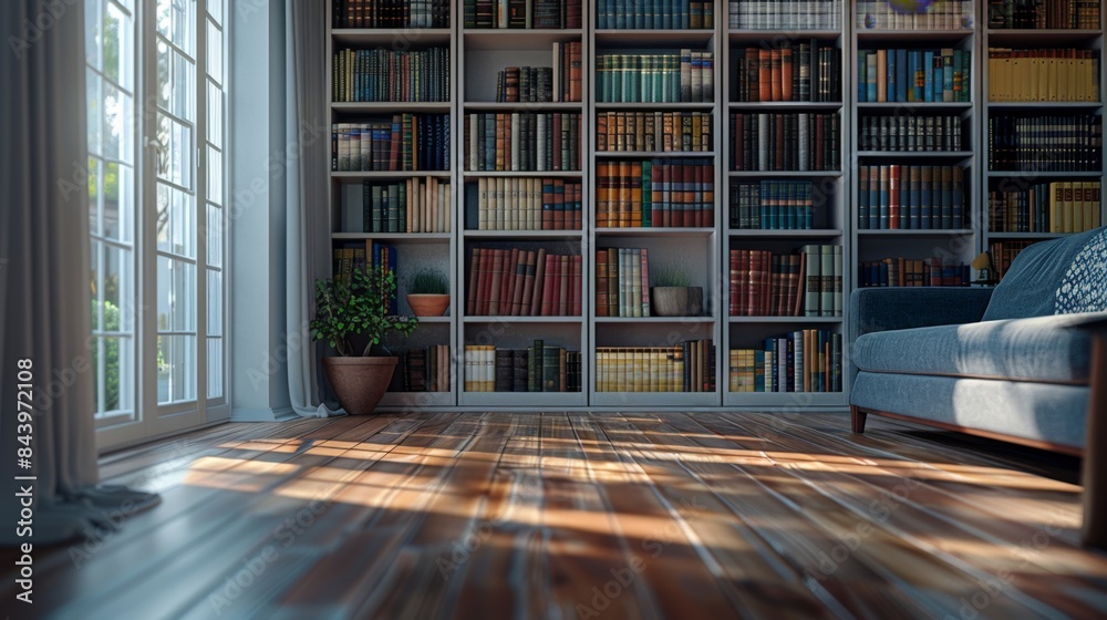 Cozy home library with sunlit wooden floor, bookshelves, and comfortable sofa Cozy home library with sunlit wooden floor, bookshelves, and comfortable sofa