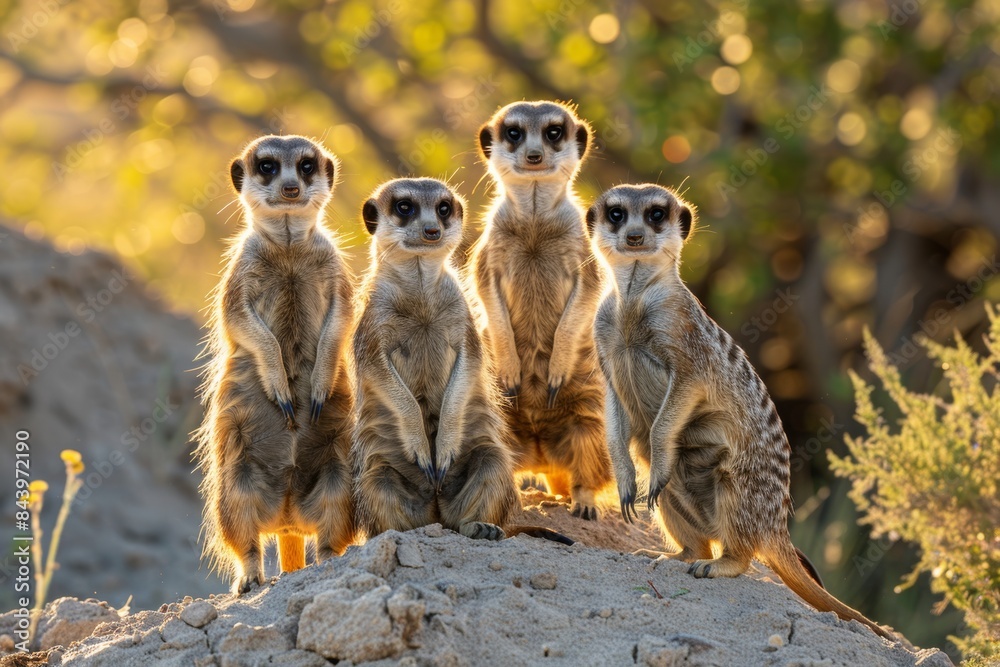 Fototapeta premium Curious Meerkats Standing Guard at Sunset