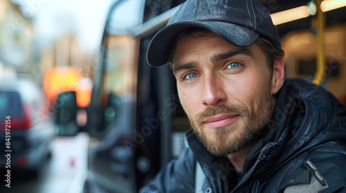 A man in a black jacket stands in front of a silver van. He is wearing a baseball cap and has his arms crossed. The scene takes place on a city street with several cars parked along the curb