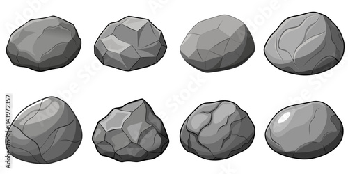 Rock stone set cartoon. Cobble stone game objects. Three dimensional stones and rocks element, isometric 3d flat style. Mountain grey stones. Vector grey rock stone, isolated on white background. 