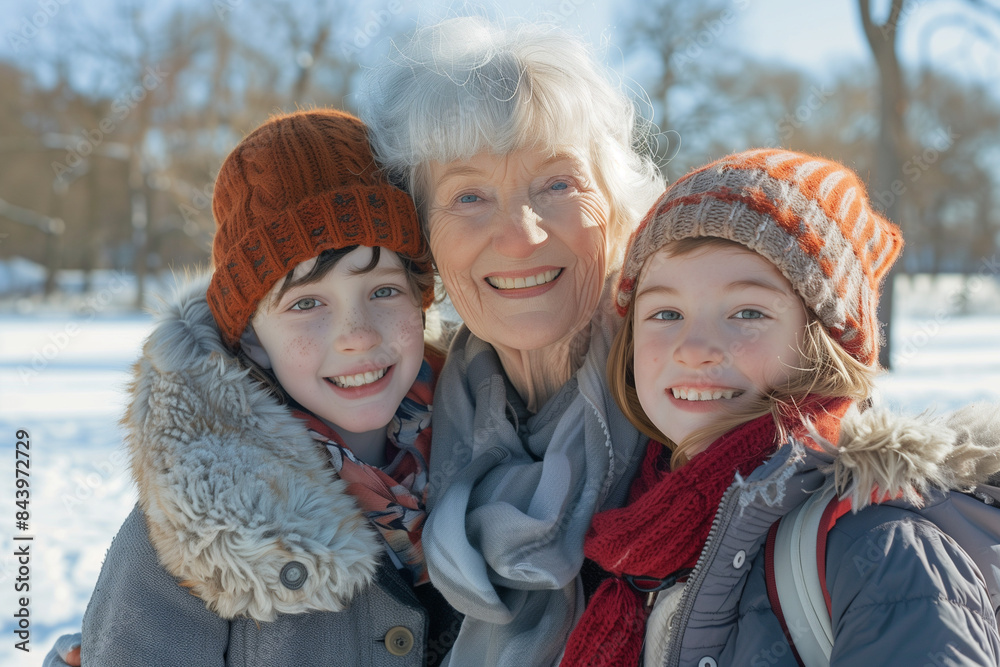 Fototapeta premium Winter Family Portrait: Smiling Grandmother and Grandchildren