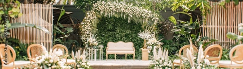 A dreamy wedding stage with an openair seating area surrounded by lush greenery and delicate floral arrangements