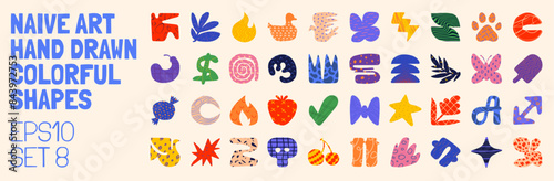 Collection of minimalistic bizarre abstract geometric shapes and forms with different textures in contemporary style, Hand drawn colorful primitive, Vector doodle objects and graphic elements, set 8