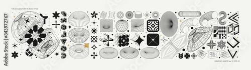 Vector graphic assets set in acid style, retro futuristic background with wireframe elements of different forms, bold modern shapes for design template, poster, stickers, banner in Y2k style set 9