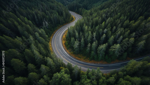 Bird's-eye perspective of a winding mountain road cutting through a dense, dark green forest.