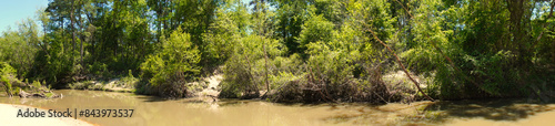 This is a panoramic picture of a small river, flowing through a local forest, on a sunny summer day in Texas.
