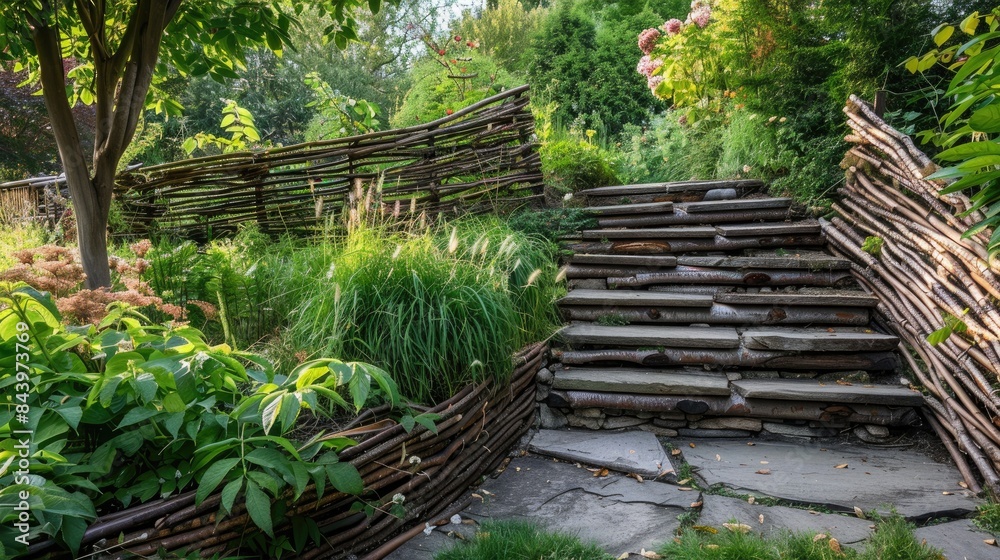 A hazel wicker fence serves as a stairway in the yard A hazel wicker fence serves as a stairway in the yard