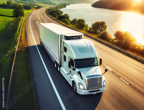 truck driving on a road near lake, green trees, transporting commercial cargo in refrigerated trailer down road