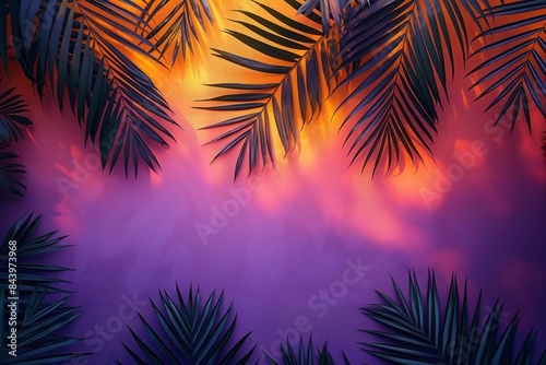 Silhouettes of palm leaves against a vibrant purple and orange background. Summer vacation and exotic nature concept. Design for poster  wallpaper  banner  frame with copy space.
