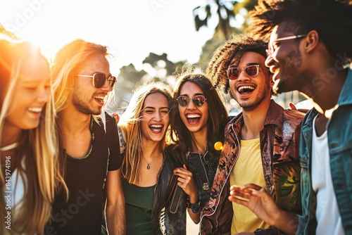 Group of happy friends having fun together walking on city street - Different young people laughing out loud enjoying sunny day out - Friendship concept with guys and girls hangout on, Generative AI photo