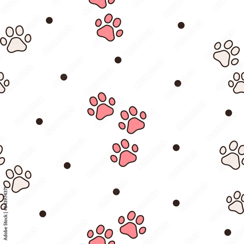 Dog or cat paw print. Seamless pattern. Animal footprints. Hand drawn style. Vector drawing. Design ornaments.