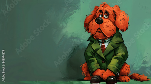 A lovable red cartoon dog head wearing a green coat and black loafers.  photo