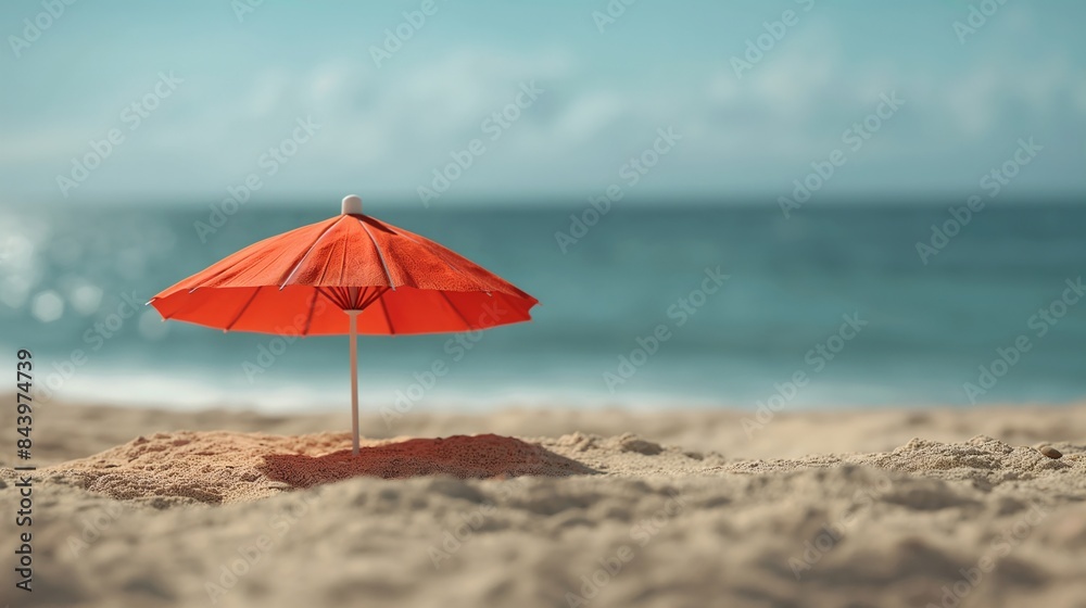 Red cocktail umbrella stuck in the sand on a beach with ocean in the background. Summer and vacation concept. Closeup view for poster, advertisement, banner with copy space. Red cocktail umbrella stuck in the sand on a beach with ocean in the background. Summer and vacation concept. Closeup view for poster, advertisement, banner with copy space.