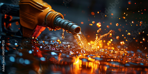 A close-up of a gas nozzle releasing fuel with droplets and sparks flying, creating a visually striking and energetic scene. photo