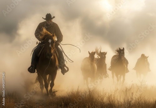 A cowboy herding horses in the wild, dust clouds flying around, wide shot, backlit, natural light, high resolution photography, insanely detailed,  photo